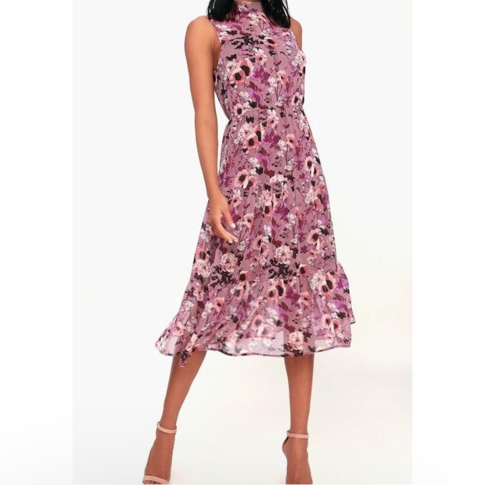 Lulus In My Dreams Mauve Floral Print Midi Dress size small